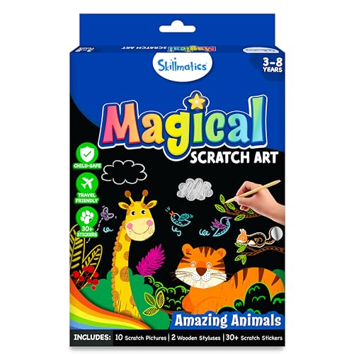 Skillmatics Magical Scratch Art Book for Kids – Animals, Creative Activity | DIY Craft Kits & Supplies, 30+ Scratch Stickers, Travel Toys, Screen-Free, Gift for Girls & Boys Ages 3, 4, 5, 6, 7, 8