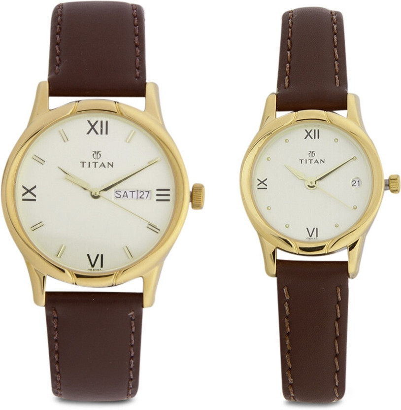 Titan Bandhan Champagne Dial Brown LeatherStrap Couple Analog Wat - Image 4