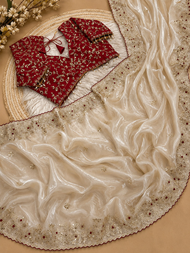 Latavastra Embroidered, Embellished, Floral Print Banarasi Jimmy ...more