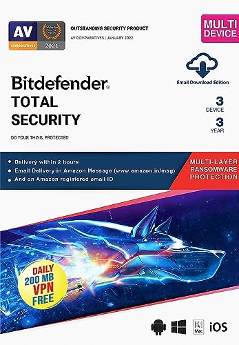 BitDefender Total Security Latest Version (Windows / Mac / Android / iOS) - 3 Devices, 3 Years (Single Activation Code) (Email Delivery in 2 hours - No CD)