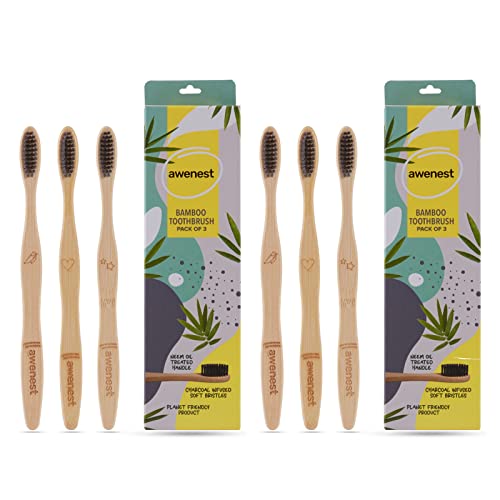 awenest Bamboo Toothbrush With Charcoal Activated Soft Bristles - Pack Of 6