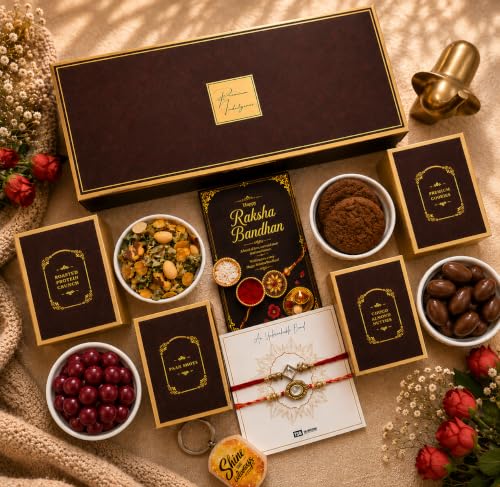 NutriSnacsBox Luxury Rakhi Brown Hamper for Brother | Premium Cookies, Paan Shots, Protein Crunch & Choco Almond Nutties | 2 Decorative Bhaiya Rakhis, Wooden Keychain, Roli Chawal & Greeting Card | Festive Gift Box