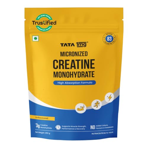 TATA 1MG Creatine Monohydrate| Each Batch tested DCT& DHT Safe | Zero Calories | Boosts Strength, Power & Recovery | Fast Absorption | Unflavoured,250gm