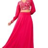 Janasya Women’s Pink Georgette Embroidered Top with Skirt Set