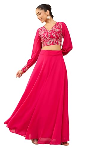 Janasya Women's Pink Georgette Embroidered Top with Skirt Set
