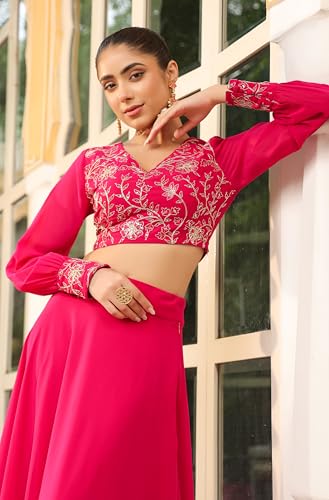 Janasya Women's Pink Georgette Embroidered Top with Skirt Set - Image 2