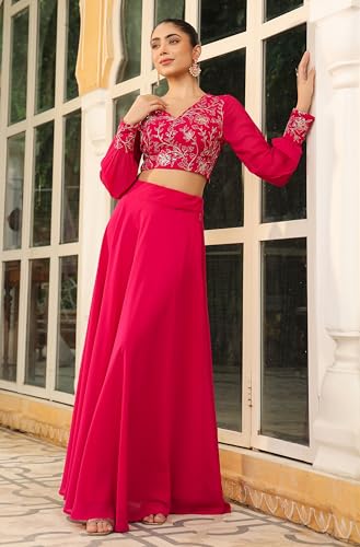 Janasya Women's Pink Georgette Embroidered Top with Skirt Set - Image 3