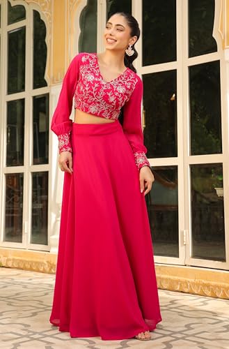 Janasya Women's Pink Georgette Embroidered Top with Skirt Set - Image 4
