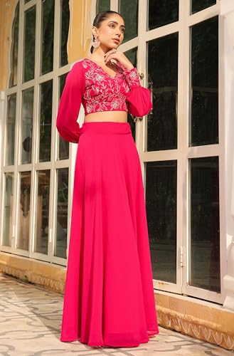 Janasya Women's Pink Georgette Embroidered Top with Skirt Set - Image 5