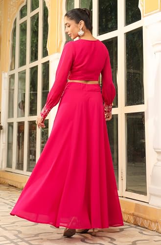 Janasya Women's Pink Georgette Embroidered Top with Skirt Set - Image 6