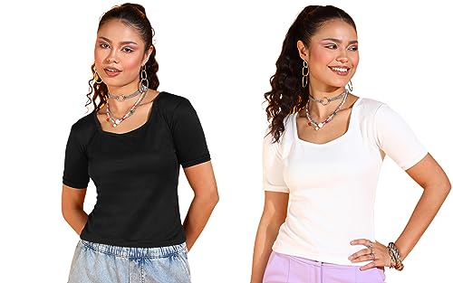 POPWINGS Casual Solid Square Neck Short Sleeves Summer Wear Tops Combo for Women