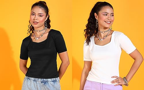 POPWINGS Casual Solid Square Neck