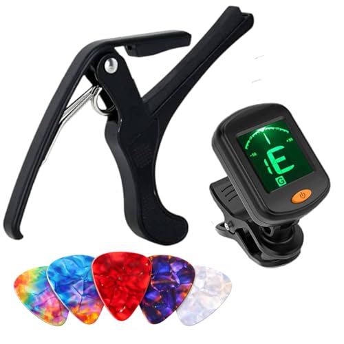 IMAGINEA Guitar Tuner Clip-On for Acoustic, Electric, Bass & Ukulele – Digital Chromatic Tuning with LCD Display + Metal Capo & 5 Premium Pick – Portable Guitar Accessories Kit for Beginners & Players