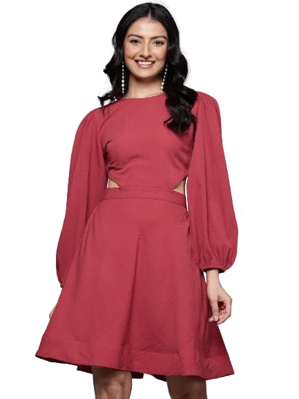 Varanga Women Rust Round Neck, Cut-Out Detail On Waist, Knee Length Dress