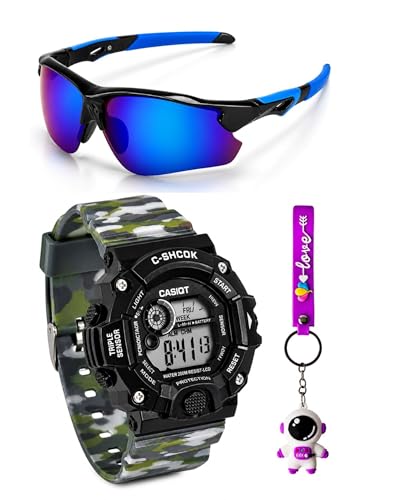 ALNA-TURA Combo Gifts For Boys & Kids Digital Sports Watch with UV Protected Cycling Sunglasses, Cute Keychain | Waterproof Military Style LED Watch for Outdoor, Running, Cycling & Casual Wear For Age 5-12 Years