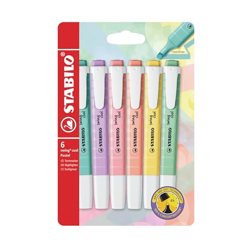 STABILO Swing Cool Highlighter Pen Pastel - Pack of 6 (Assorted Colours)