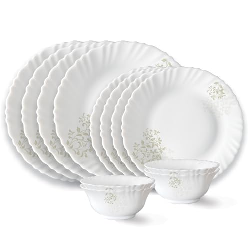 Larah by Borosil Ingot Fluted Series Opalware Dinner Set | 12 Pieces for Family of 4 | Microwave & Dishwasher Safe | Bone-Ash Free | Crockery Set for Dining & Gifting | Plates & Bowls | White