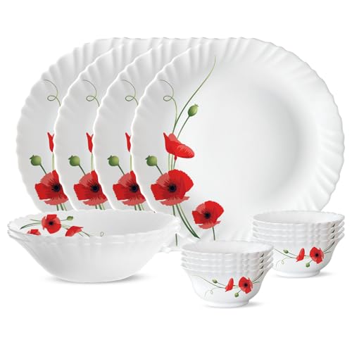 Larah by BOROSIL Red Carnation Opalware Dinner Set, (14-Pieces, White)