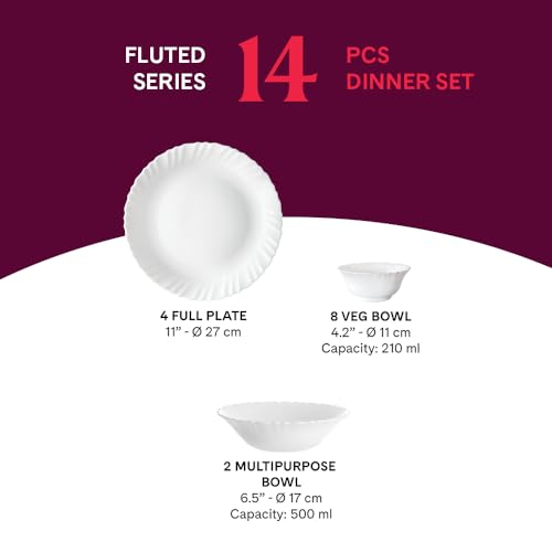 Larah by BOROSIL Red Carnation Opalware Dinner Set, (14-Pieces, White) - Image 3