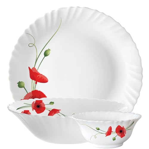 Larah by BOROSIL Red Carnation Opalware Dinner Set, (14-Pieces, White) - Image 4
