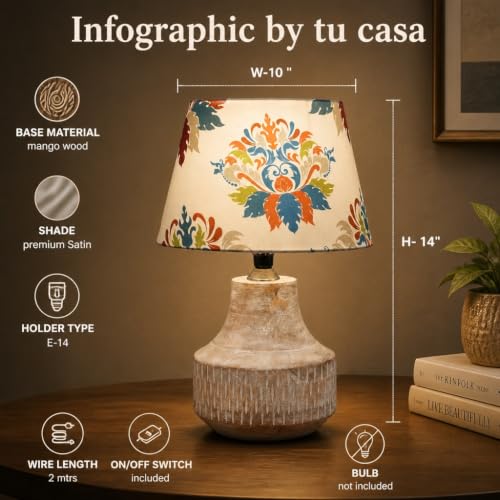 tu casa Wooden Table Lamp with Fabric Shade, Mango Wood,for Home, H-14 - Image 4