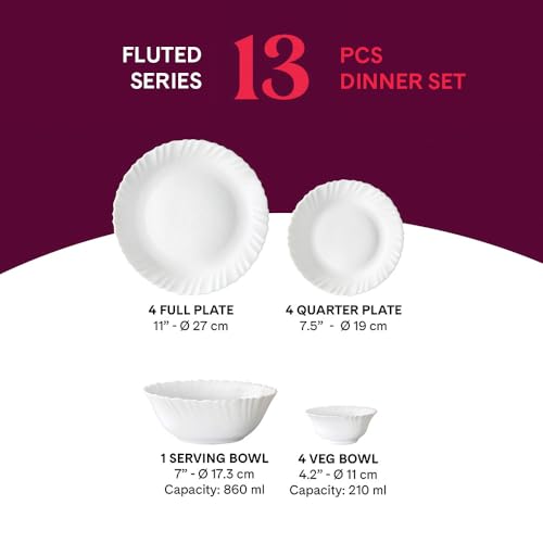 Larah by Borosil Erba Opalware Dinner Set, 13 -Piece, White - Image 5