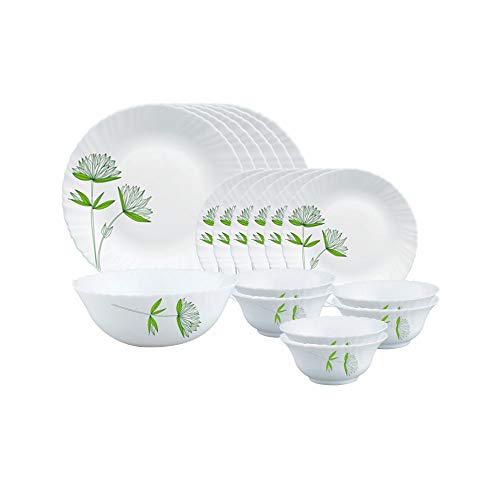Larah by Borosil Green Lily Opalware Dinner Set, 19 Pieces, White
