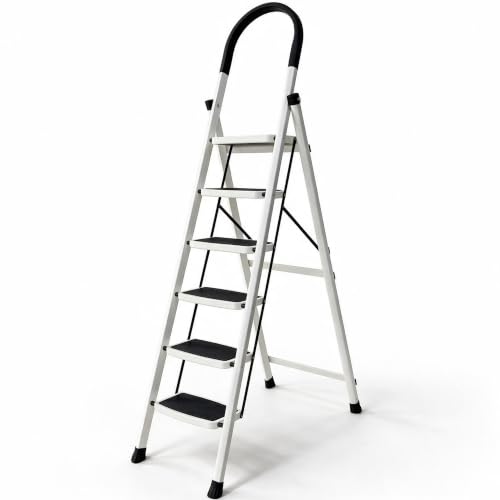 HOUZA Steel Ladder for Home 6 Steps Foldable with Anti-Skid Wide Steps (30cm x 20cm) | 6 Step Ladder for Home Use with D-Shape Rods | Secure Lock | 150 Kg Capacity Folding Ladder | 5 Year Warranty