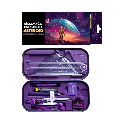 Classmate Asteroid Geometry Box | Compass-cum-Divider with arm locking mechanism | 30 cm Foldable Scale| Mechanical Pencil | Double sided tray
