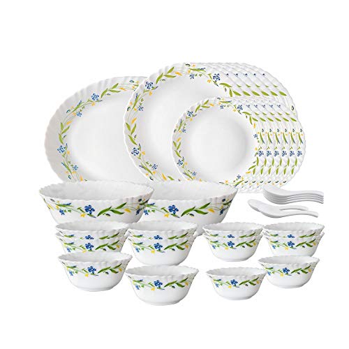 Larah by Borosil Cripper Opalware Dinner Set, 33-Pieces, White