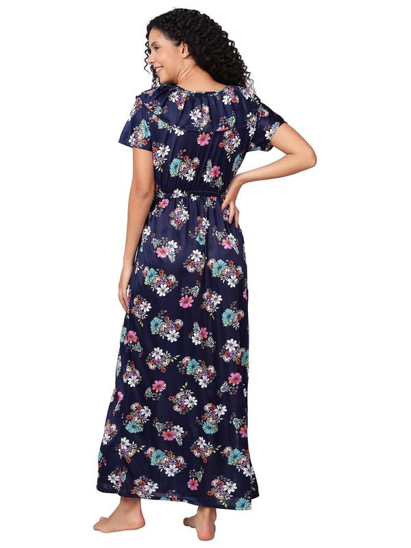 Clovia Women's Satin Printed Long Nighty in Navy Blue - Image 2