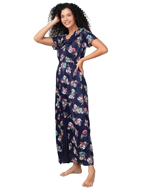 Clovia Women's Satin Printed Long Nighty in Navy Blue - Image 3