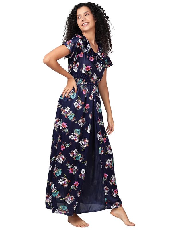 Clovia Women's Satin Printed Long Nighty in Navy Blue - Image 4