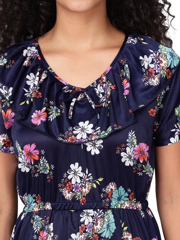 Clovia Women's Satin Printed Long Nighty in Navy Blue - Image 5