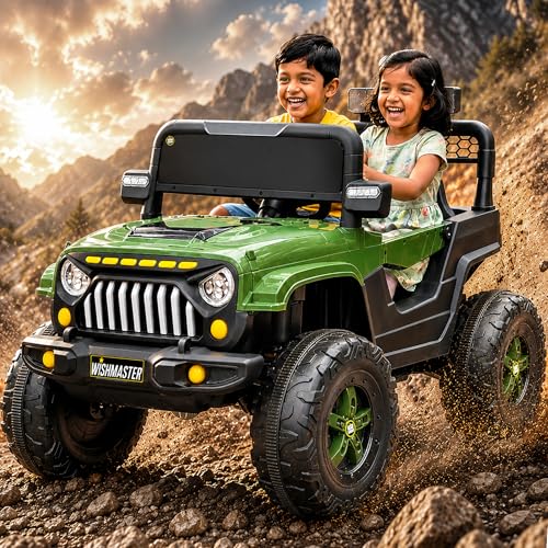 Wishmaster Army Green 4x2 Electric Ride-On Jeep for Kids – Big Wheels, Sinlge Seat, Music & LED Lights | Off-Road Adventure Car