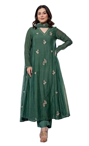 KLOSIA Women Embroidery Solid Anarkali Kurta and Pant Set with Dupatta