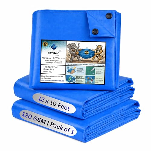 Premium 12x10ft Blue Tarpaulin, Thadika, 120 GSM Virgin Tharpai Sheet, Heavy Duty Waterproof Tadpatri Cover with Reinforced Eyelets & UV Protection, Ideal for Trucks, Farms & Home Use, 1 Sheet