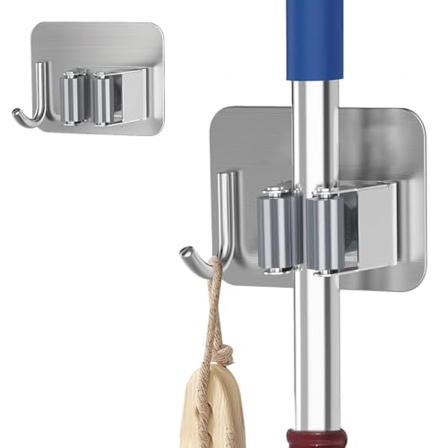 GRISHVA 2 Pieces Stainless Steel 1 Rack With 1 Hook Heavy Duty Wall Mounted Broom And Mop Stick Holder, Hanging Tools For Home Kitchen Garden Laundry Garage (Silver), Hanging Shelves