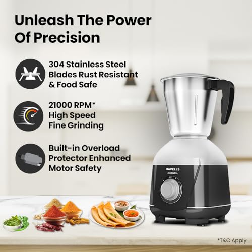 Havells Mixwell - N 500W 3 Jar Mixer Grinder, Black, Grey - Image 5