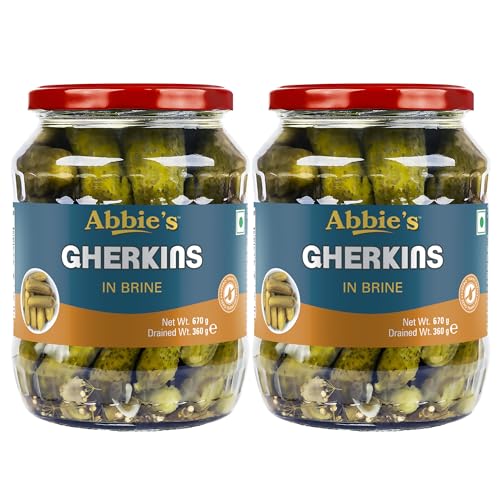 Abbie's Gherkins Big in Brine, 680g, Pack of 2 Ready to Eat | Zero Fat Crunchy Pickle | Perfect Topping for Pizza, Pasta, Sandwich, Burger, Salad , Snacks and More |