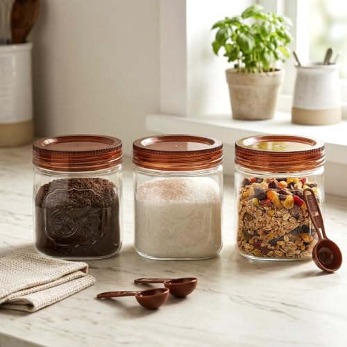 CELLO Retro Airtight Kitchen Storage Jars Set of 3 Pcs 300 ml Maroon | Freezer & Fridge Safe, Stylish Unbreakable Odor Resistant See Through PET Food Storage Containers Set for Flour Rice Pasta Spices
