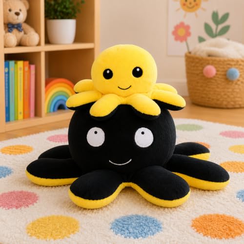 Reversible Octopus Plush Toy, Yellow and Black - Image 2