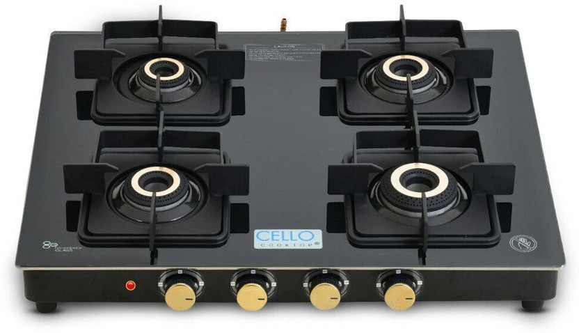 CELLO Black Pearl 4 Burner Toughened Glass Top Gas Stove, Brass B