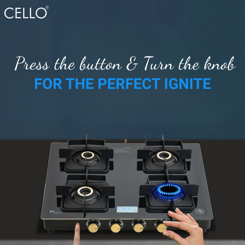 CELLO Black Pearl 4 Burner Toughened Glass Top Gas Stove, Brass B - Image 5