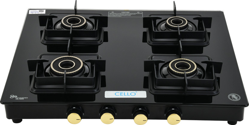 CELLO Black Pearl 4 Burner Toughened Glass Top Gas Stove, Brass B - Image 7