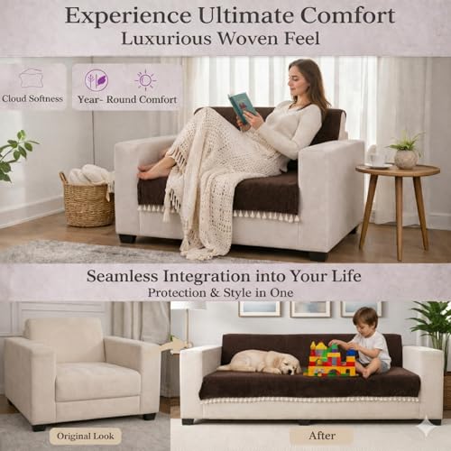STITCHNEST Brown Chenille Sofa Cover