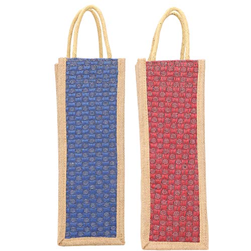 Fabric Jute Modern Water Bottle Bag With Handles (Blue And Red) - Pack Of 2