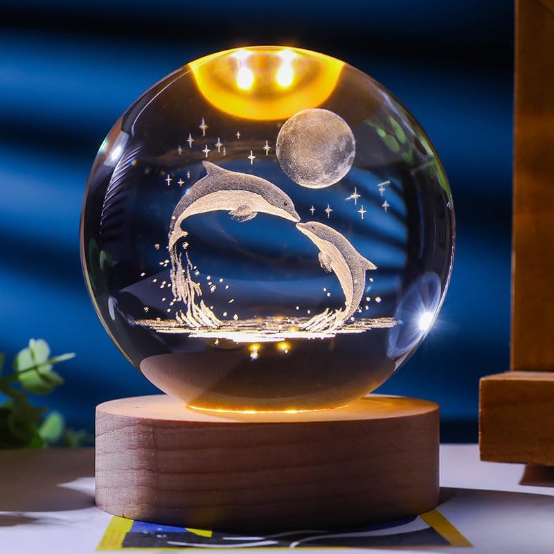 Crystal 3D Galaxy Ball Night Light Table Lamp, Dolphin with Moon