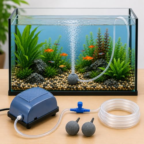 COLOURFUL AQUARIUM, Aquarium Air Pump/Motor + Tube + Air Stone (1 Way, Combo 5)