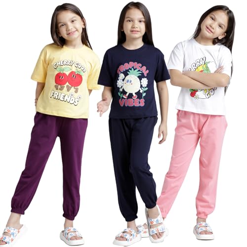 T2F Girls Cotton Printed T-Shirt and Pant Clothing Set (Pack of 3)